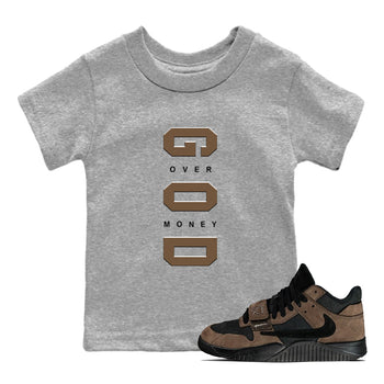 Jordan Jumpman Jack TR Travis Scott Dark Mocha shirts to match jordans God Over Money sneaker match tees Jordan Jumpman Jack Travis Scott Dark Mocha match shoes to clothes SNRT Sneaker Tees Youth Baby Heather Grey 1 tee
