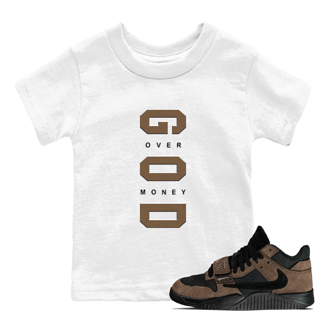 Jordan Jumpman Jack TR Travis Scott Dark Mocha shirts to match jordans God Over Money sneaker match tees Jordan Jumpman Jack Travis Scott Dark Mocha match shoes to clothes SNRT Sneaker Tees Youth Baby White 1 tee