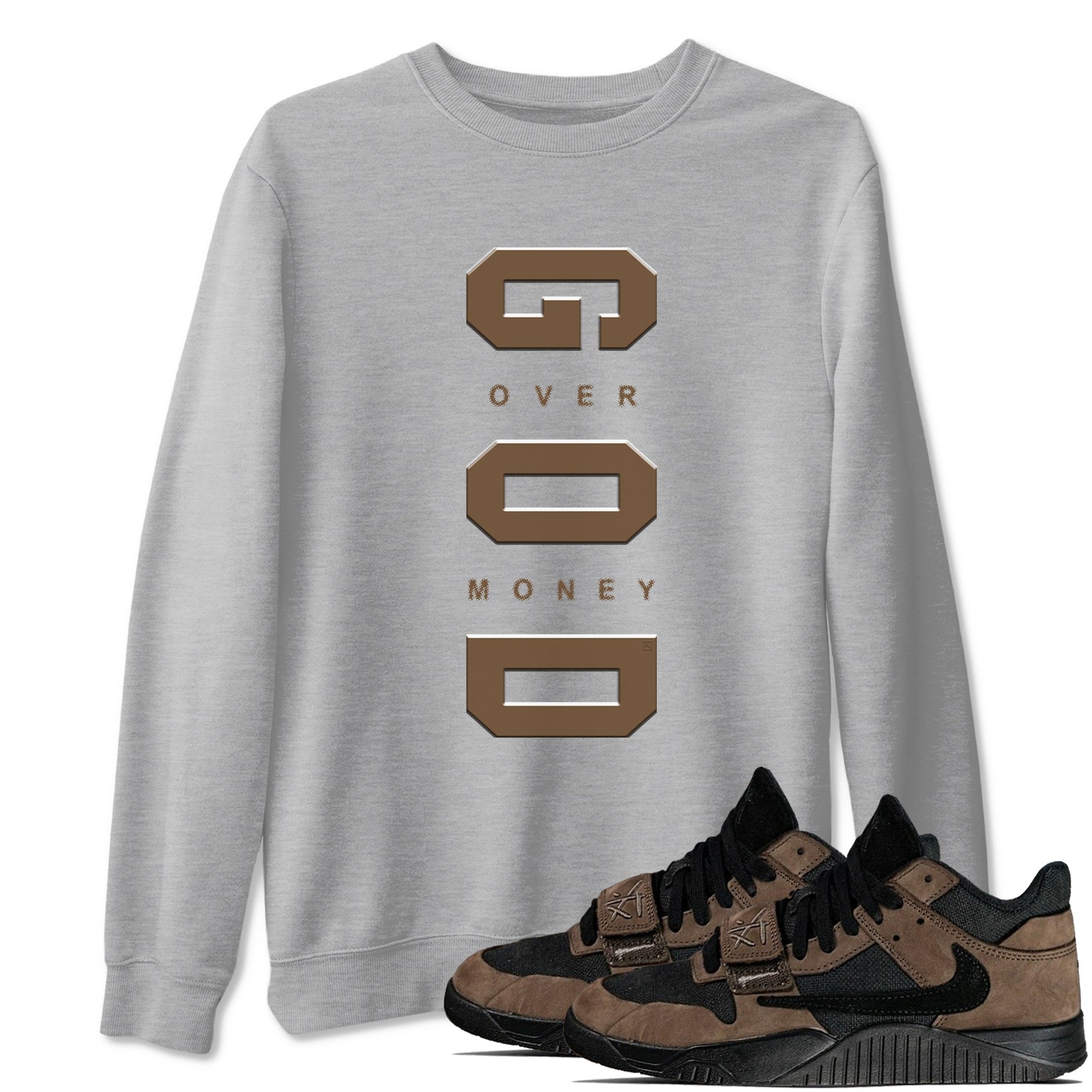 Jordan Jumpman Jack TR Travis Scott Dark Mocha shirts to match jordans God Over Money sneaker match tees Jordan Jumpman Jack Travis Scott Dark Mocha match shoes to clothes SNRT Sneaker Tees unisex cotton Heather Grey 1 shirts