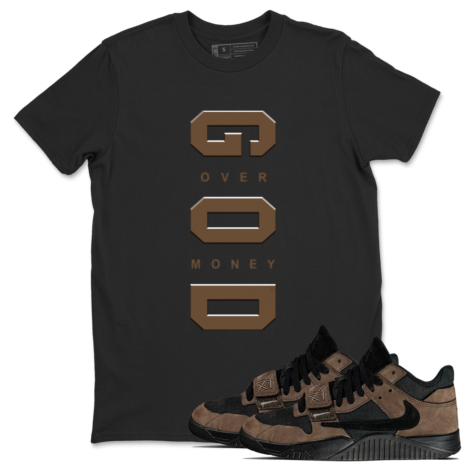 Jordan Jumpman Jack TR Travis Scott Dark Mocha shirts to match jordans God Over Money sneaker match tees Jordan Jumpman Jack Travis Scott Dark Mocha match shoes to clothes SNRT Sneaker Tees unisex cotton Black 1 shirts