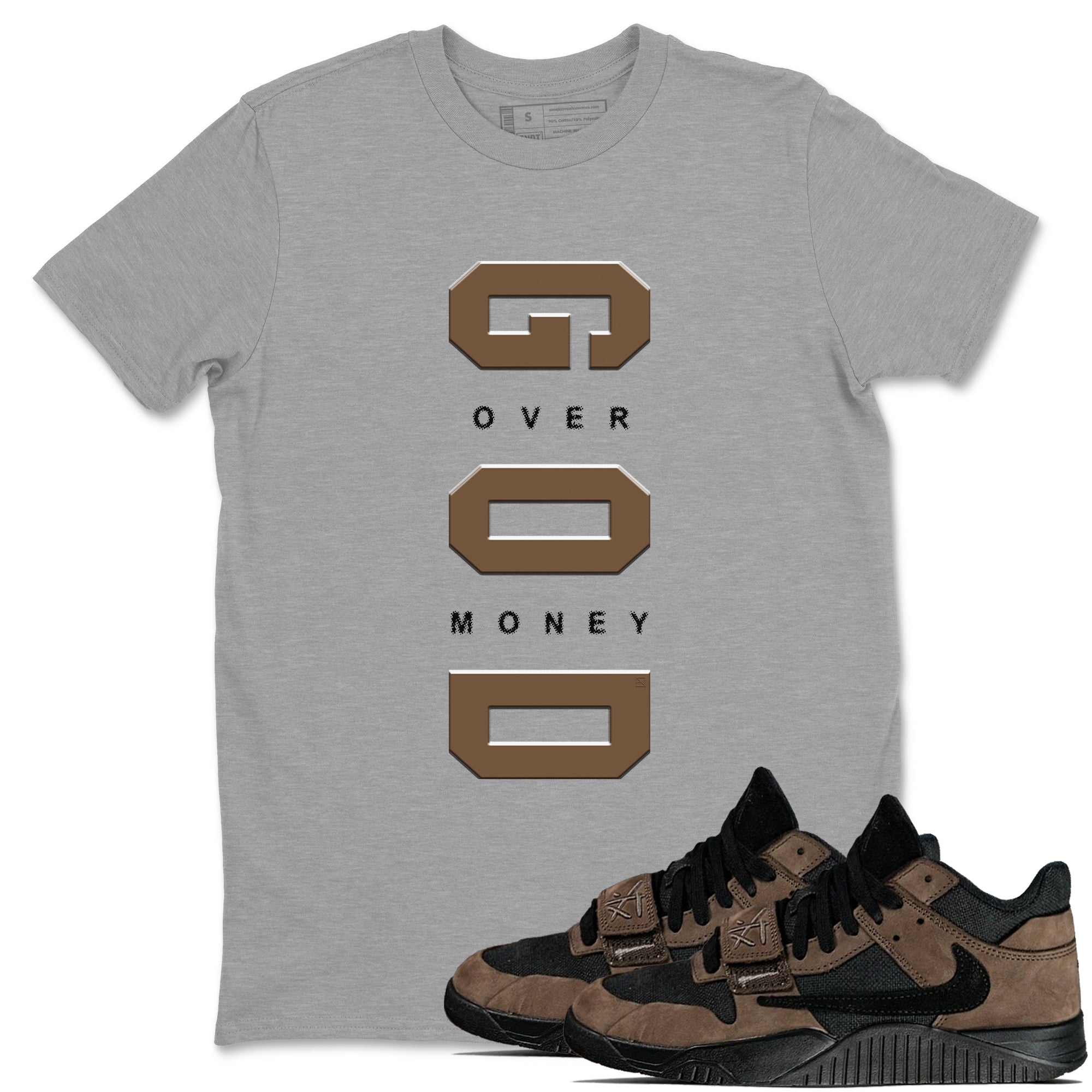 Jordan Jumpman Jack TR Travis Scott Dark Mocha shirts to match jordans God Over Money sneaker match tees Jordan Jumpman Jack Travis Scott Dark Mocha match shoes to clothes SNRT Sneaker Tees unisex cotton Heather Grey 1 shirts