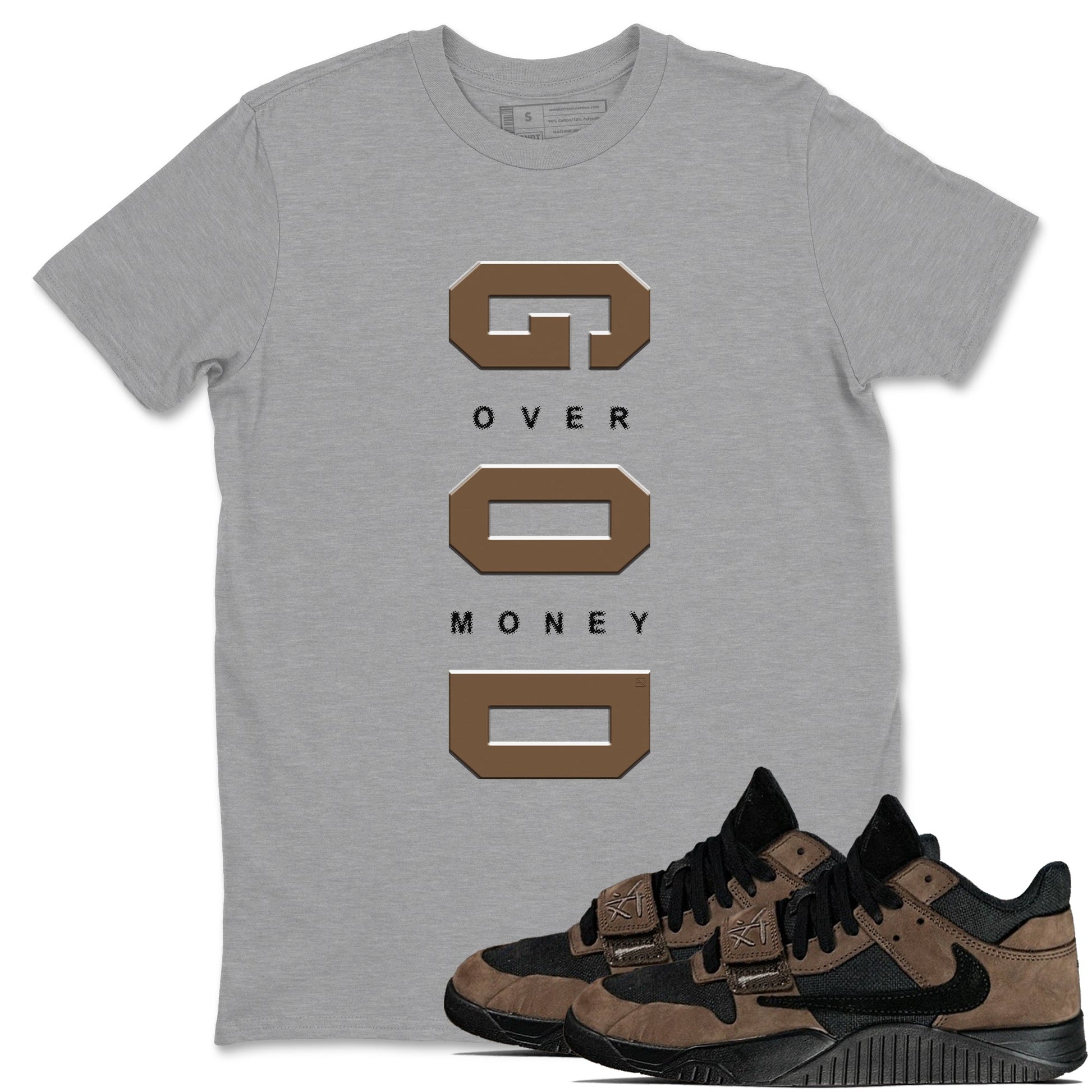 Jordan Jumpman Jack TR Travis Scott Dark Mocha shirts to match jordans God Over Money sneaker match tees Jordan Jumpman Jack Travis Scott Dark Mocha match shoes to clothes SNRT Sneaker Tees unisex cotton Heather Grey 1 shirts