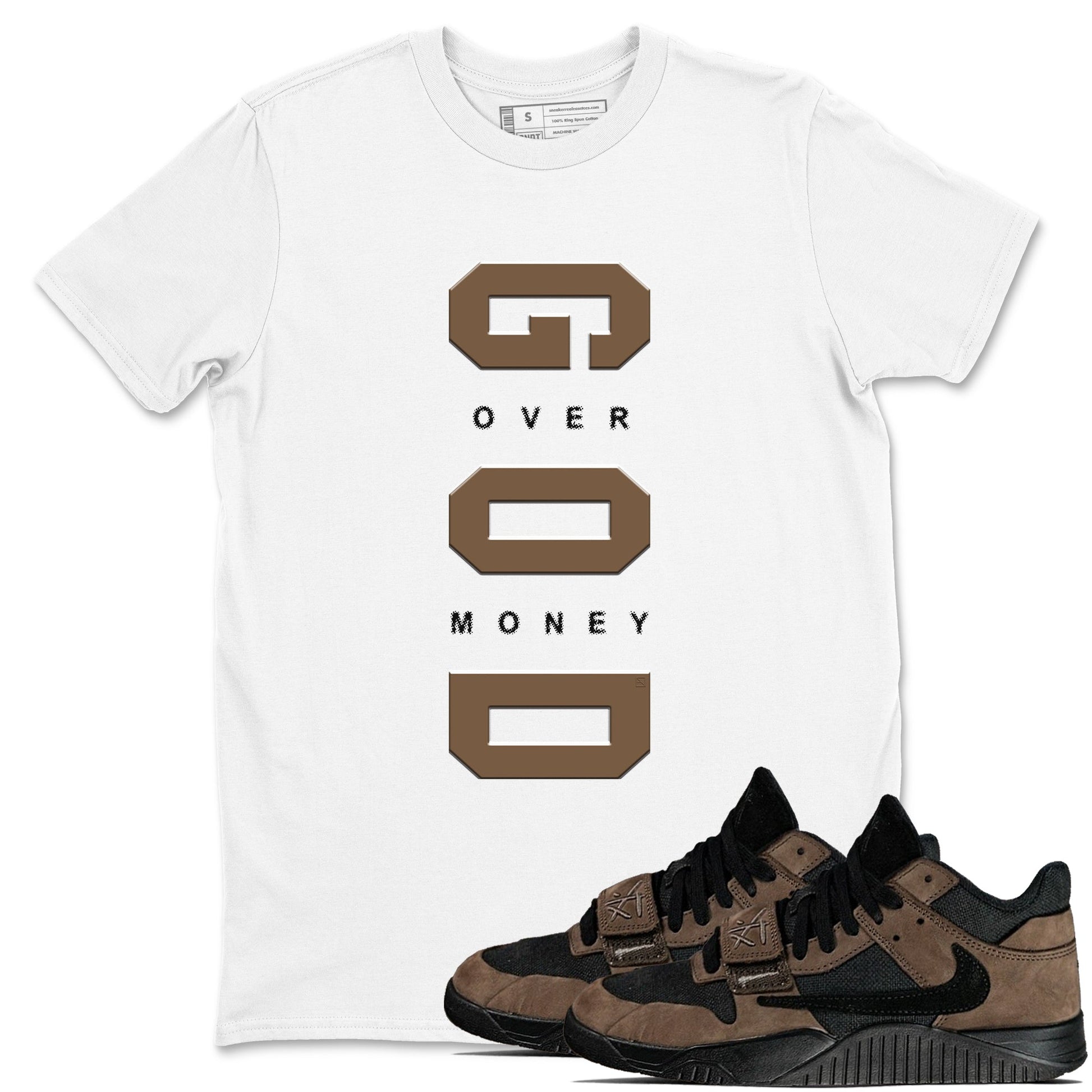 Jordan Jumpman Jack TR Travis Scott Dark Mocha shirts to match jordans God Over Money sneaker match tees Jordan Jumpman Jack Travis Scott Dark Mocha match shoes to clothes SNRT Sneaker Tees unisex cotton White 1 shirts
