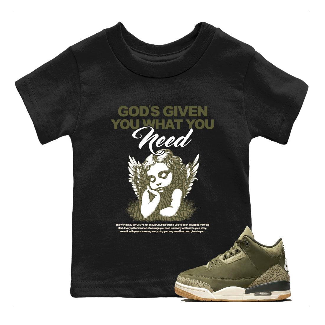 Sneaker Threads – Sneaker Tees To Match Air Jordan 3 Medium Olive – God's Given You What You Need Youth Graphic Tee Black 1. Perfect for Jordan releases 2025 colorways.