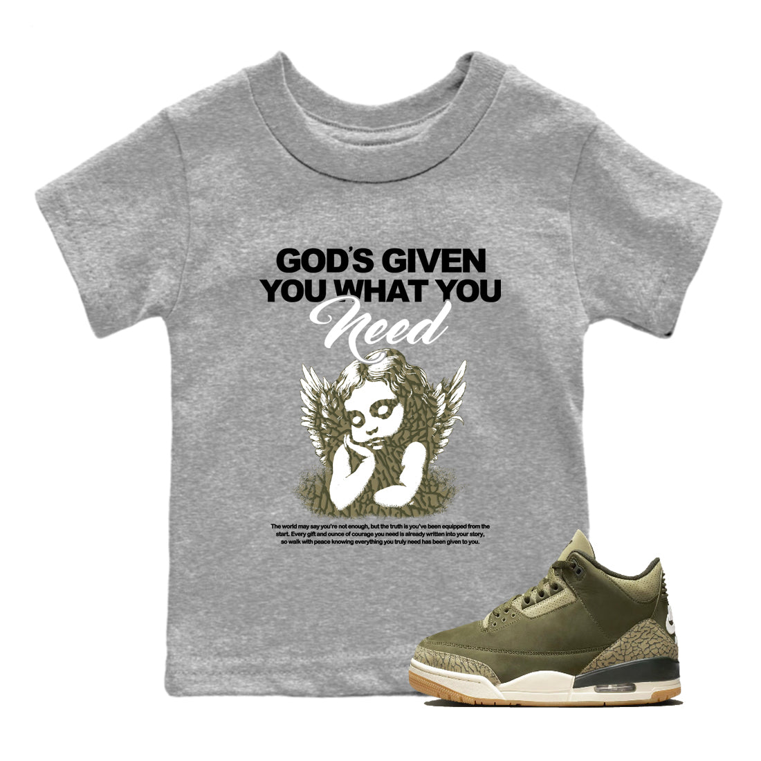 Sneaker Threads – Sneaker Tees To Match Air Jordan 3 Medium Olive – God's Given You What You Need Youth Graphic Tee Heather Grey 1. Perfect for Jordan releases 2025 colorways.