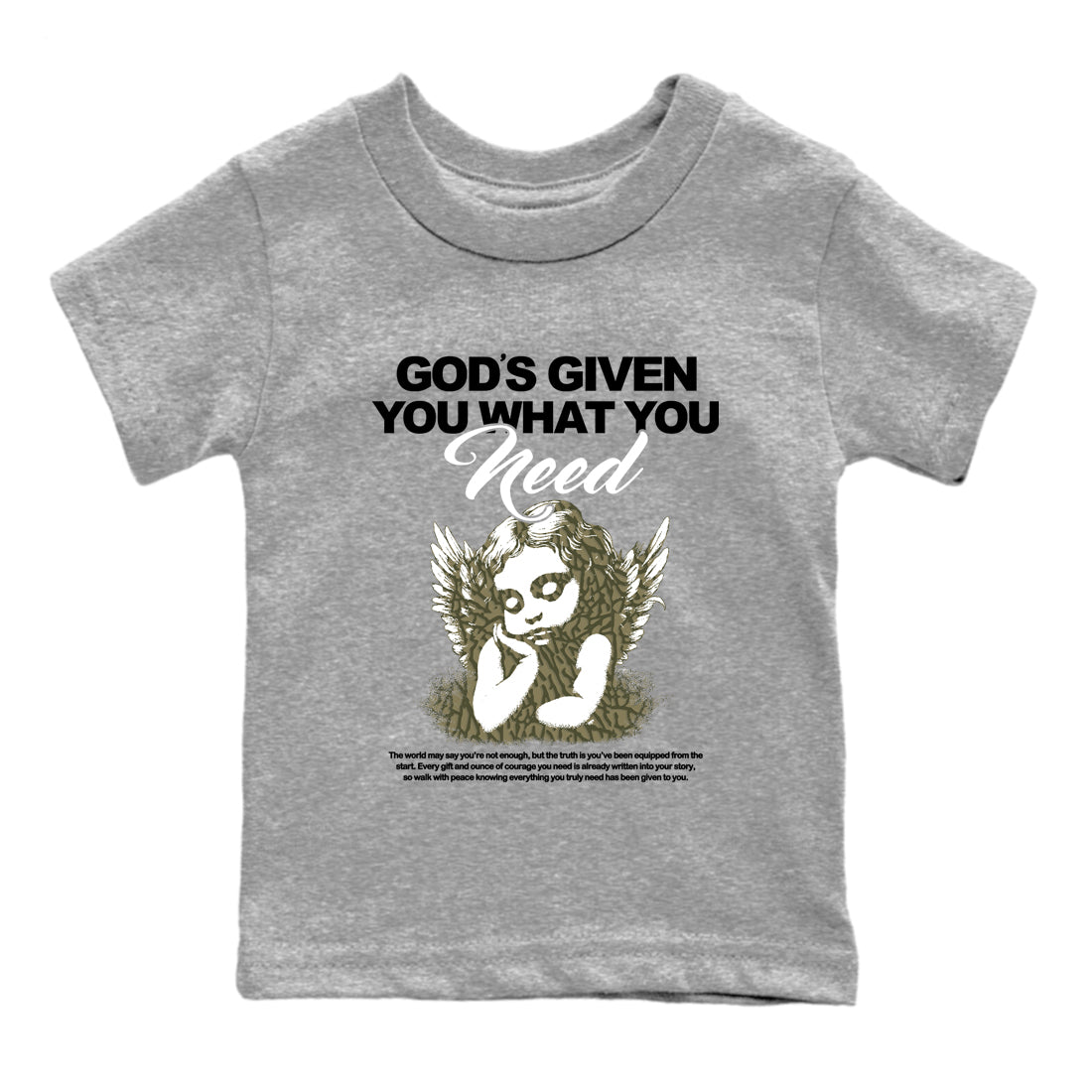 Sneaker Threads – Sneaker Tees To Match Air Jordan 3 Medium Olive – God's Given You What You Need Youth Graphic Tee Heather Grey 2. Perfect for Jordan releases 2025 colorways.