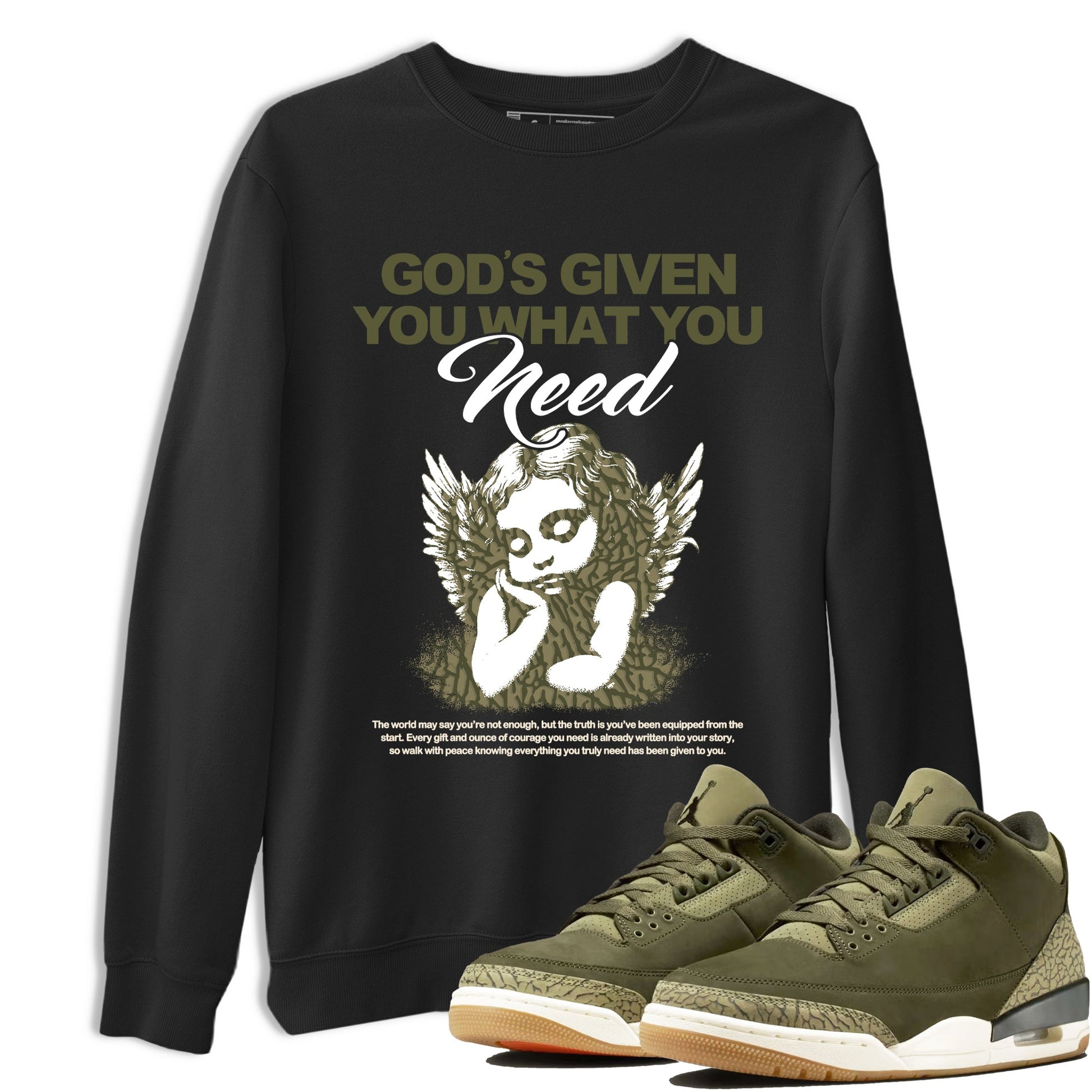 Sneaker Threads – Sneaker Tees To Match Air Jordan 3 Medium Olive – God's Given You What You Need Graphic Tee Black 1. Perfect for Jordan releases 2025 colorways.