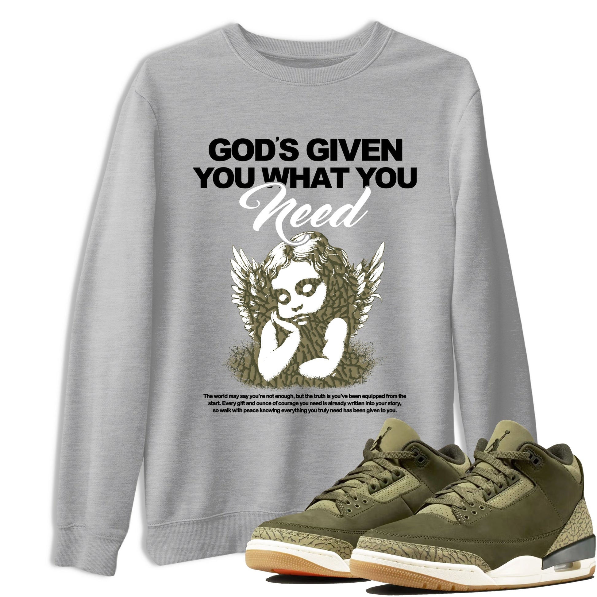 Sneaker Threads – Sneaker Tees To Match Air Jordan 3 Medium Olive – God's Given You What You Need Graphic Tee Heather Grey 1. Perfect for Jordan releases 2025 colorways.
