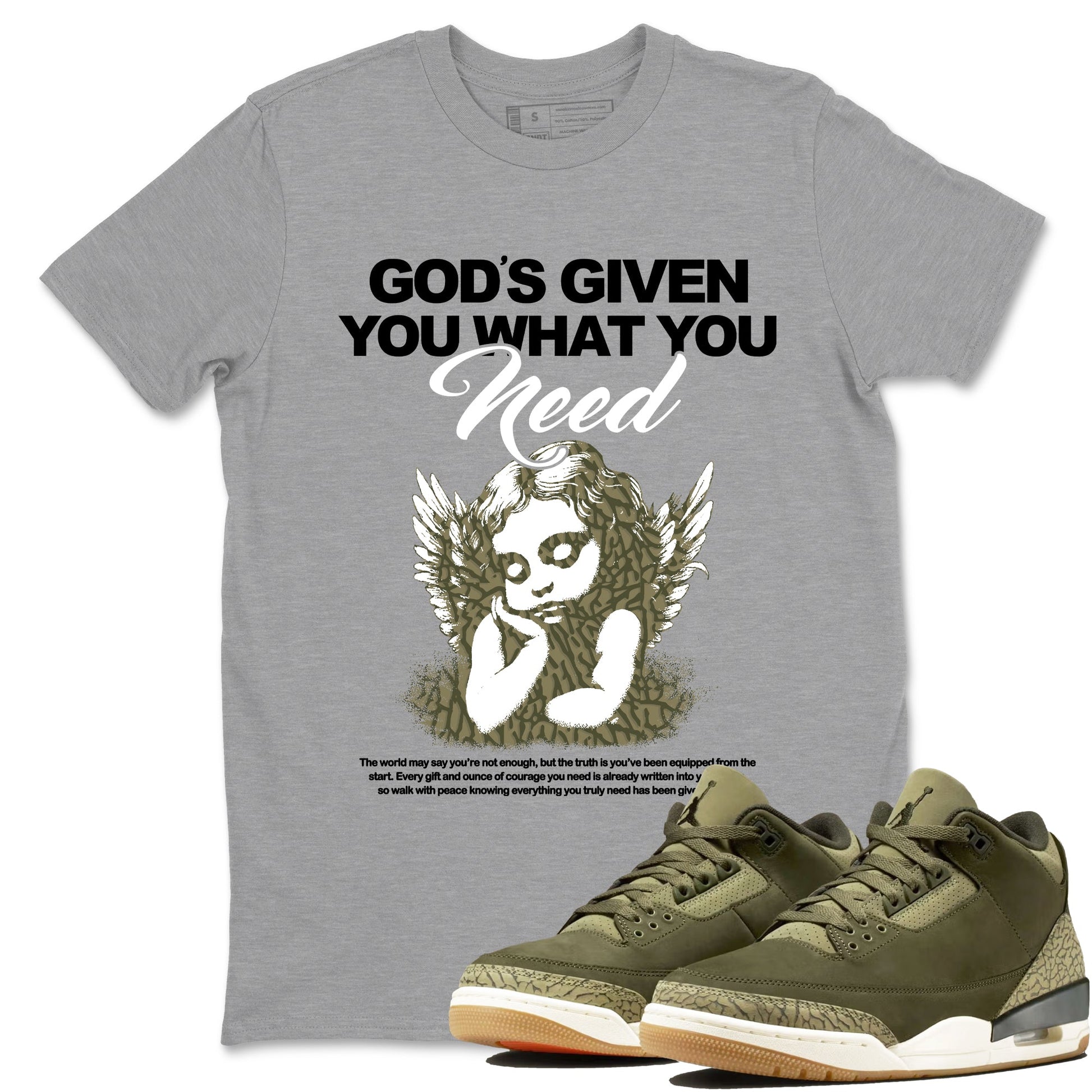 Sneaker Threads – Sneaker Tees To Match Air Jordan 3 Medium Olive – God's Given You What You Need Graphic Tee Heather Grey 1. Perfect for Jordan releases 2025 colorways.