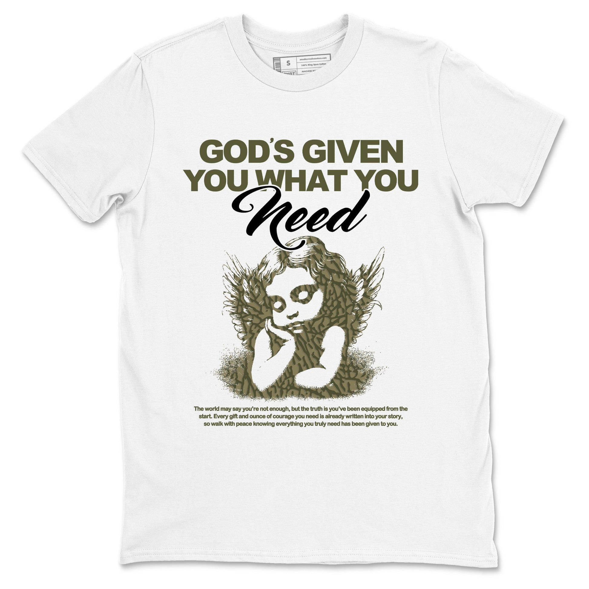 Sneaker Threads – Sneaker Tees To Match Air Jordan 3 Medium Olive – God's Given You What You Need Graphic Tee White 2. Perfect for Jordan releases 2025 colorways.