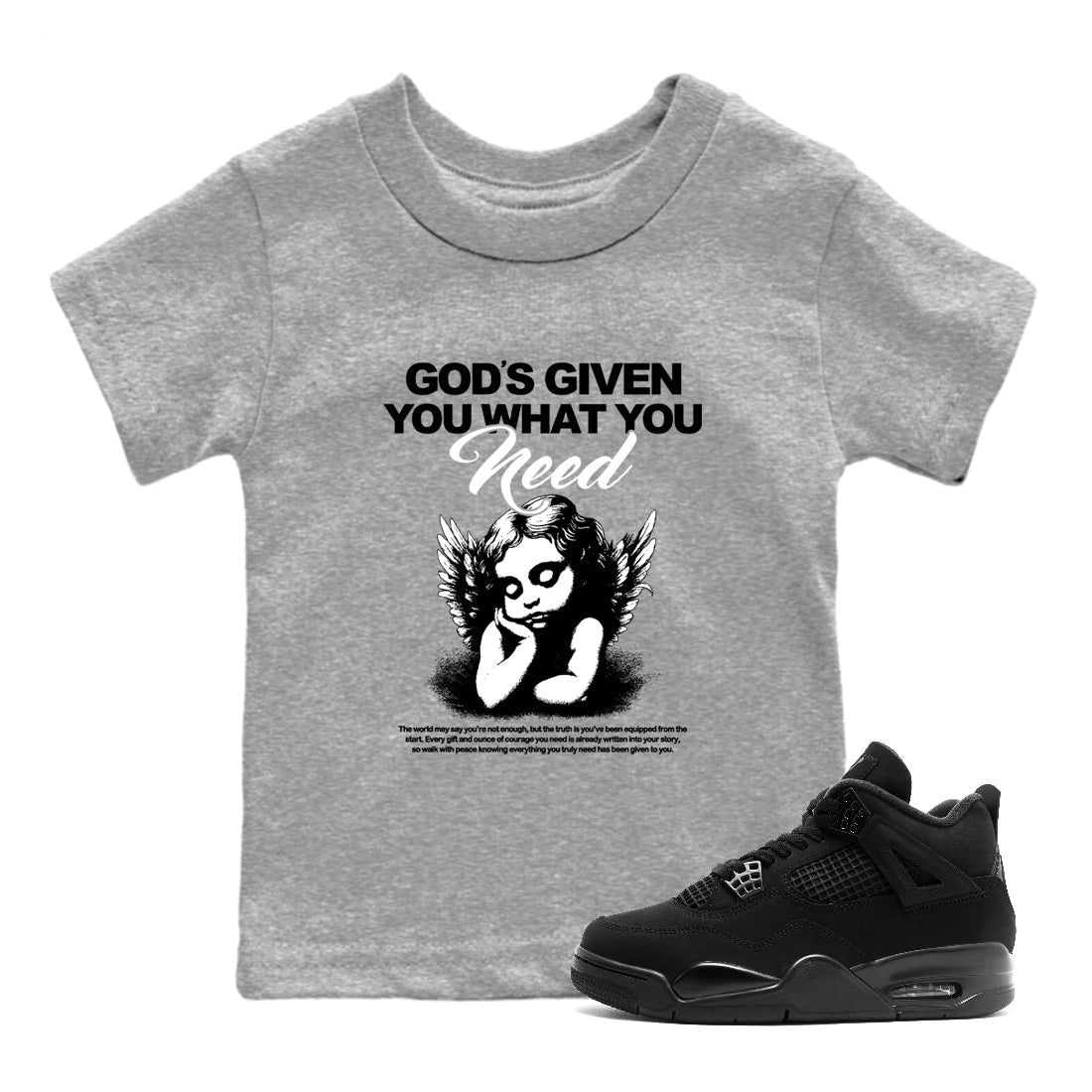 Best Christmas gifts for sneakerheads  – Sneaker Tees To Match Air Jordan 4 Black Cat Sneakers – God's Given You What You Need Kids T-Shirt Heather Grey 1