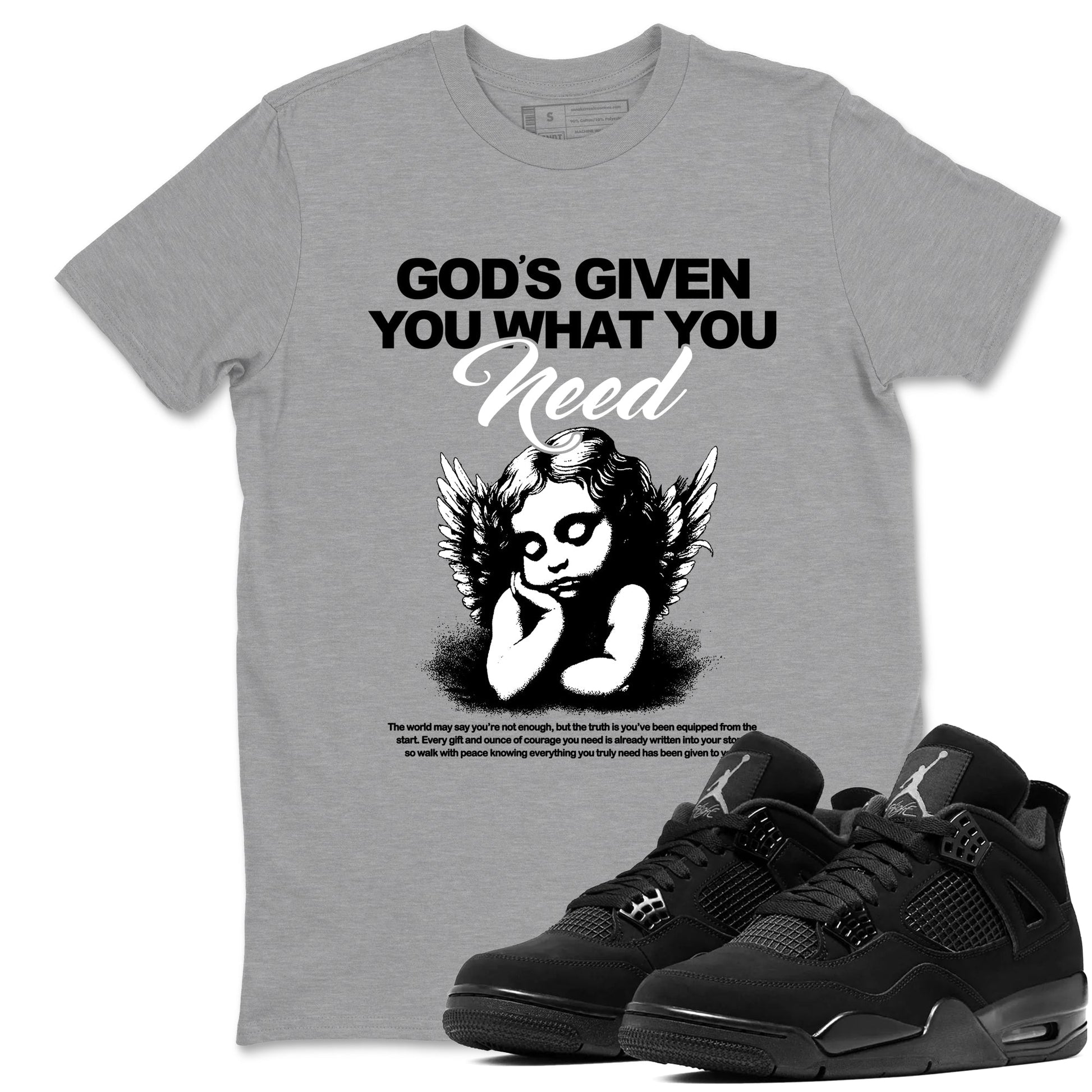 Best Christmas gifts for sneakerheads  – Sneaker Tees To Match Air Jordan 4 Black Cat Sneakers – God's Given You What You Need Graphic Tee Heather Grey 1