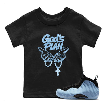 God's Plan baby and kids t-shirt crafted for little sneakerheads to shine with the Air Foamposite One Psychic Blue sneakers, displayed in Black 1.