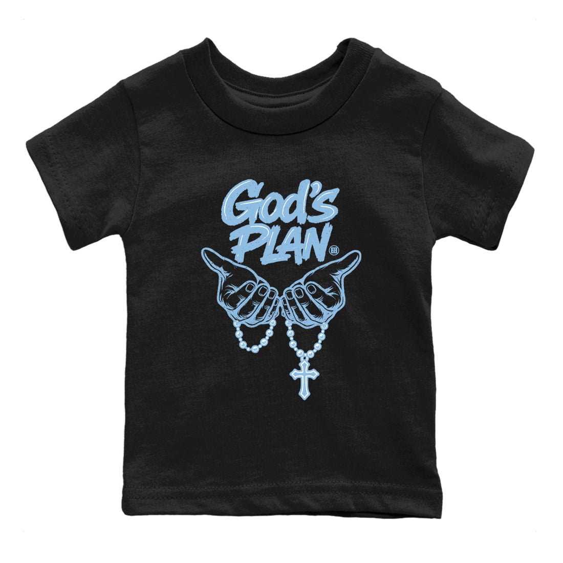 God's Plan baby and kids t-shirt crafted for little sneakerheads to shine with the Air Foamposite One Psychic Blue sneakers, displayed in Black 2.