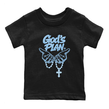 God's Plan baby and kids t-shirt crafted for little sneakerheads to shine with the Air Foamposite One Psychic Blue sneakers, displayed in Black 2.