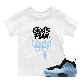 God's Plan baby and kids t-shirt crafted for little sneakerheads to shine with the Air Foamposite One Psychic Blue sneakers, displayed in White 1.