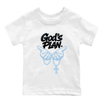 God's Plan baby and kids t-shirt crafted for little sneakerheads to shine with the Air Foamposite One Psychic Blue sneakers, displayed in White 2.