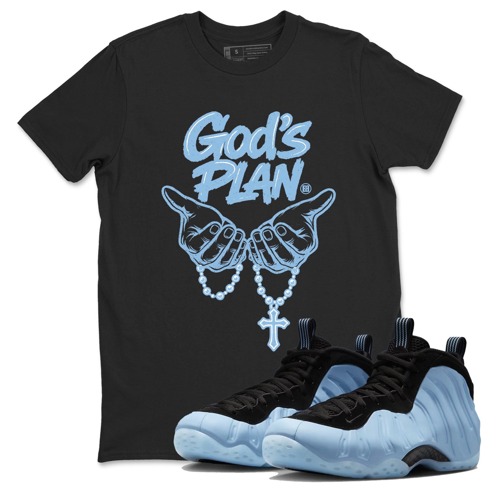 God's Plan sneaker match t-shirt styled to complete your fit with the Air Foamposite One Psychic Blue sneakers, shown in Black 1.