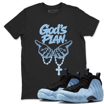 God's Plan sneaker match t-shirt styled to complete your fit with the Air Foamposite One Psychic Blue sneakers, shown in Black 1.