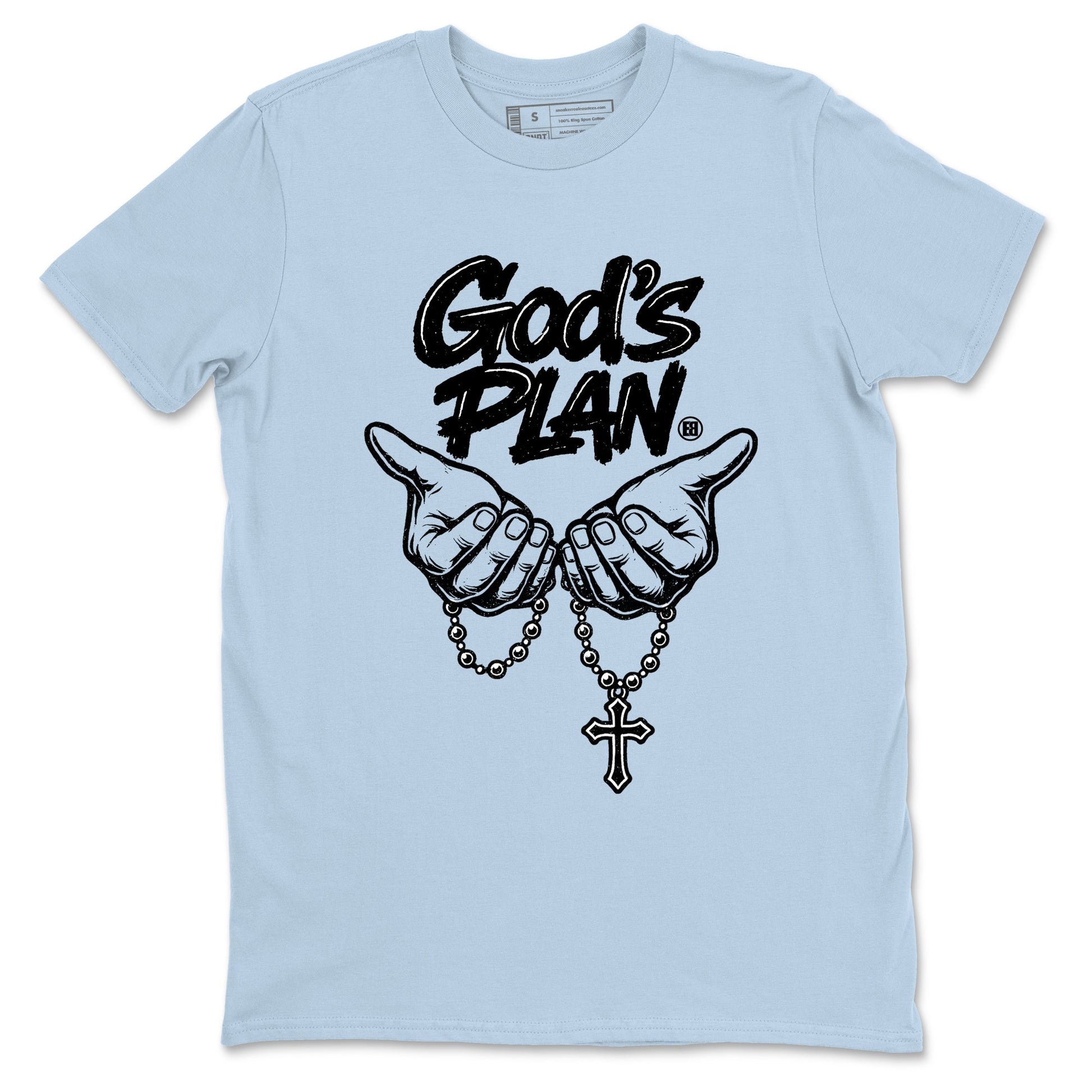 God's Plan sneaker match t-shirt styled to complete your fit with the Air Foamposite One Psychic Blue sneakers, shown in Light Blue 2.