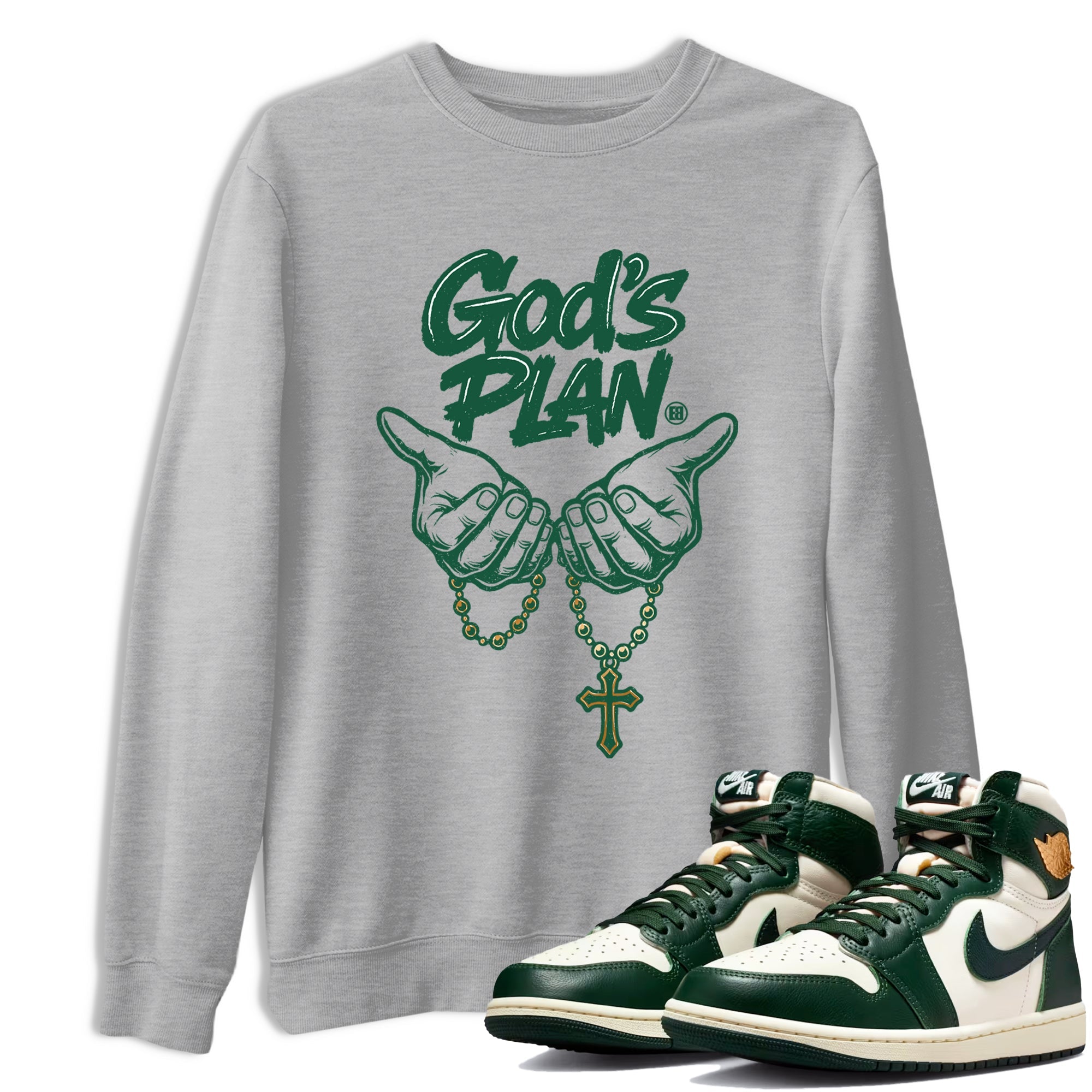 Sneaker Threads – Sneaker Tees To Match Air Jordan 1 Pro Green – God's Plan Graphic Tee Heather Grey 1. Perfect for Jordan releases 2025 colorways.