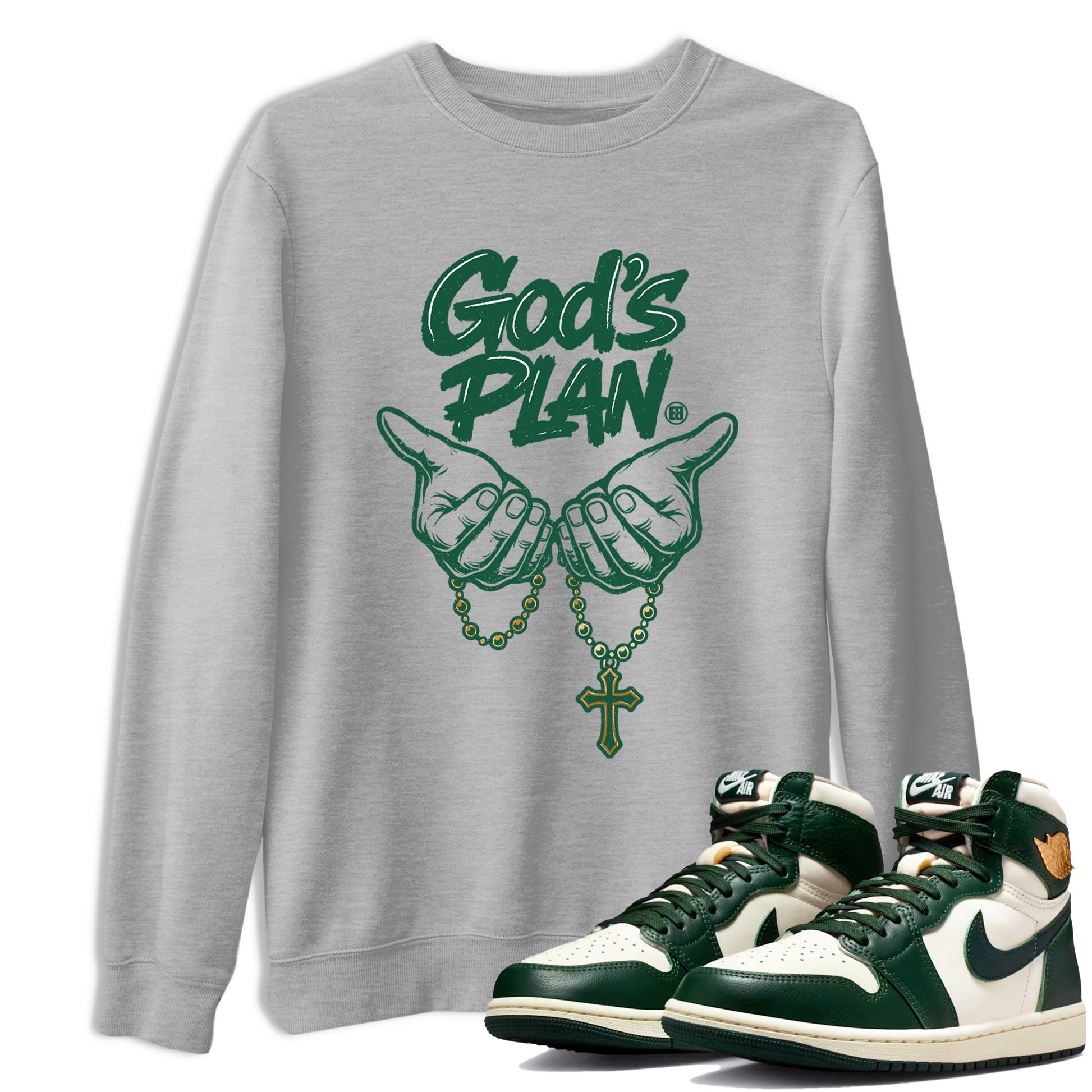 Sneaker Threads – Sneaker Tees To Match Air Jordan 1 Pro Green – God's Plan Graphic Tee Heather Grey 1. Perfect for Jordan releases 2025 colorways.
