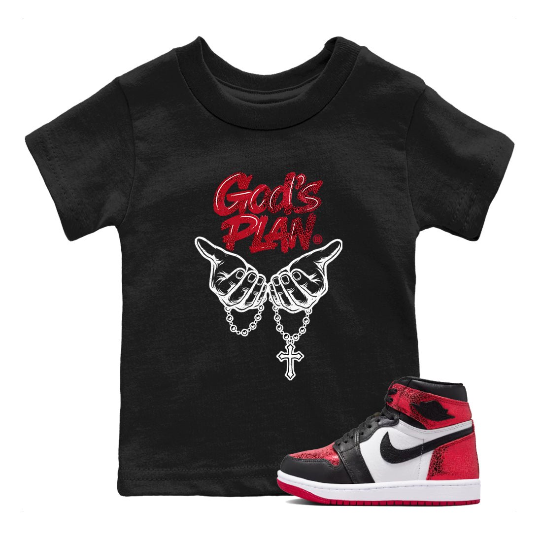 God's Plan baby and kids t-shirt crafted for little sneakerheads to shine with the Air Jordan 1 Ruby sneakers, displayed in Black 1.