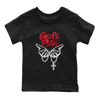 God's Plan baby and kids t-shirt crafted for little sneakerheads to shine with the Air Jordan 1 Ruby sneakers, displayed in Black 2.