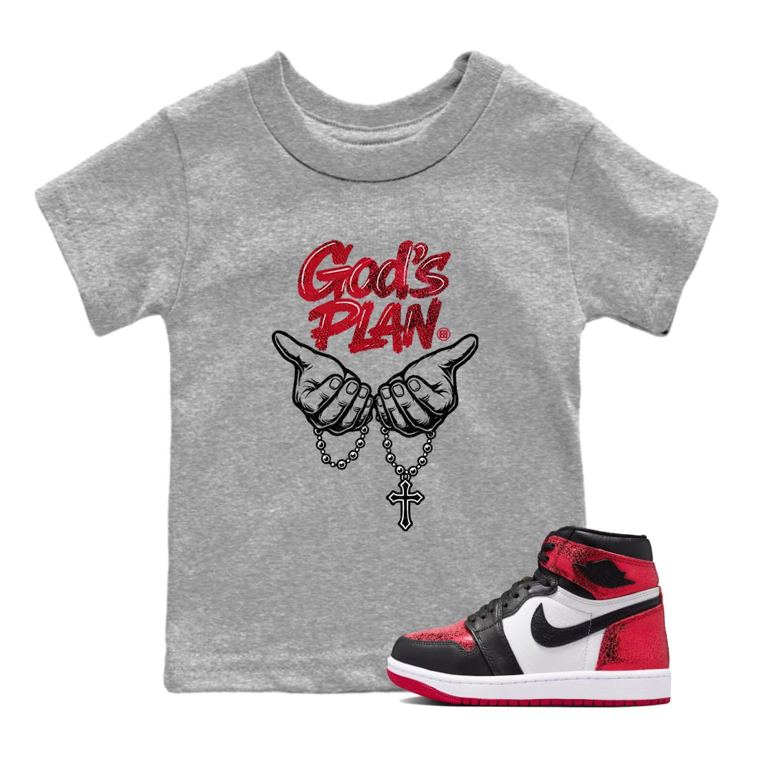 God's Plan baby and kids t-shirt crafted for little sneakerheads to shine with the Air Jordan 1 Ruby sneakers, displayed in Heather Grey 1.
