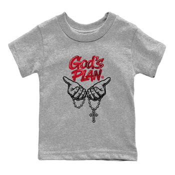 God's Plan baby and kids t-shirt crafted for little sneakerheads to shine with the Air Jordan 1 Ruby sneakers, displayed in Heather Grey 2.