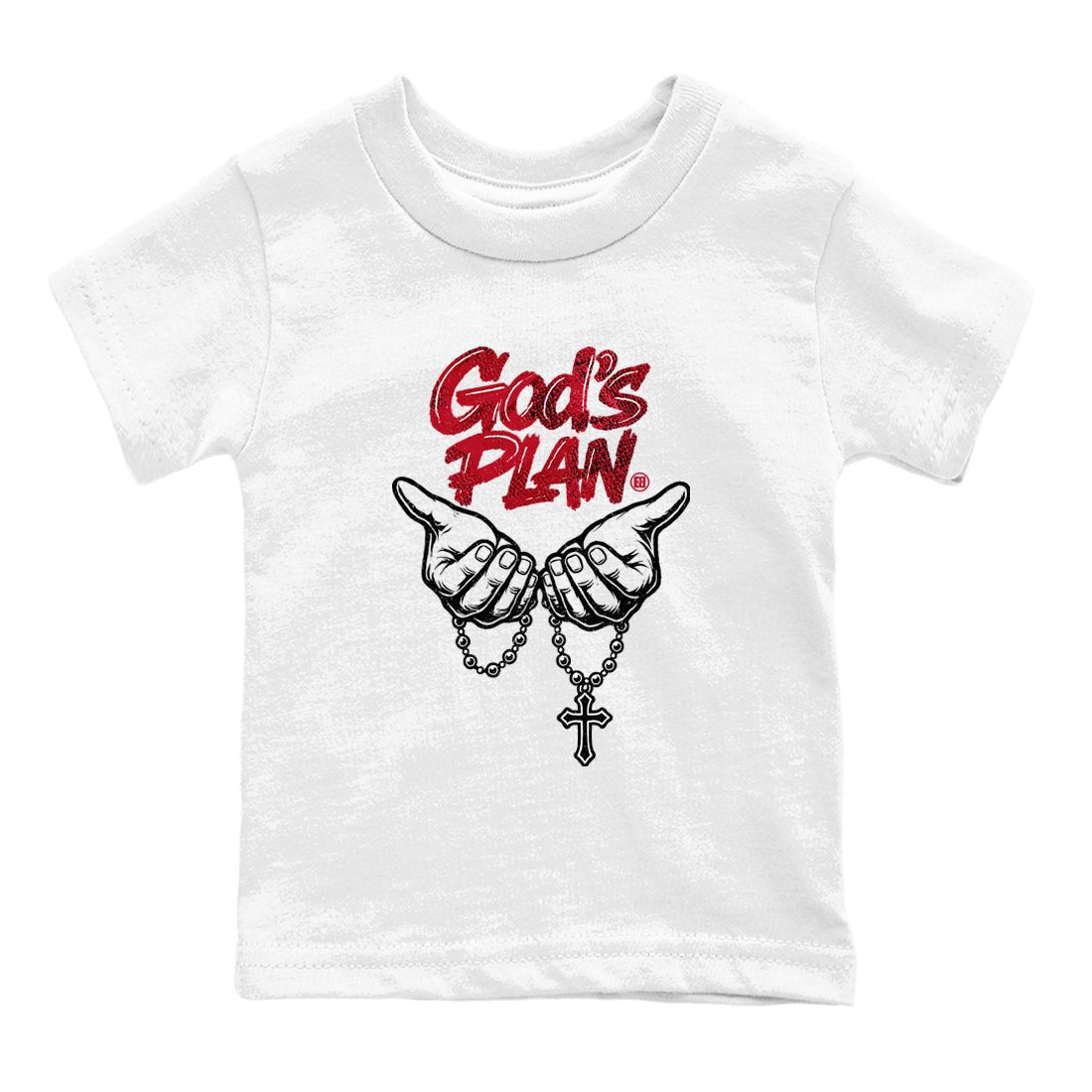 God's Plan baby and kids t-shirt crafted for little sneakerheads to shine with the Air Jordan 1 Ruby sneakers, displayed in White 2.