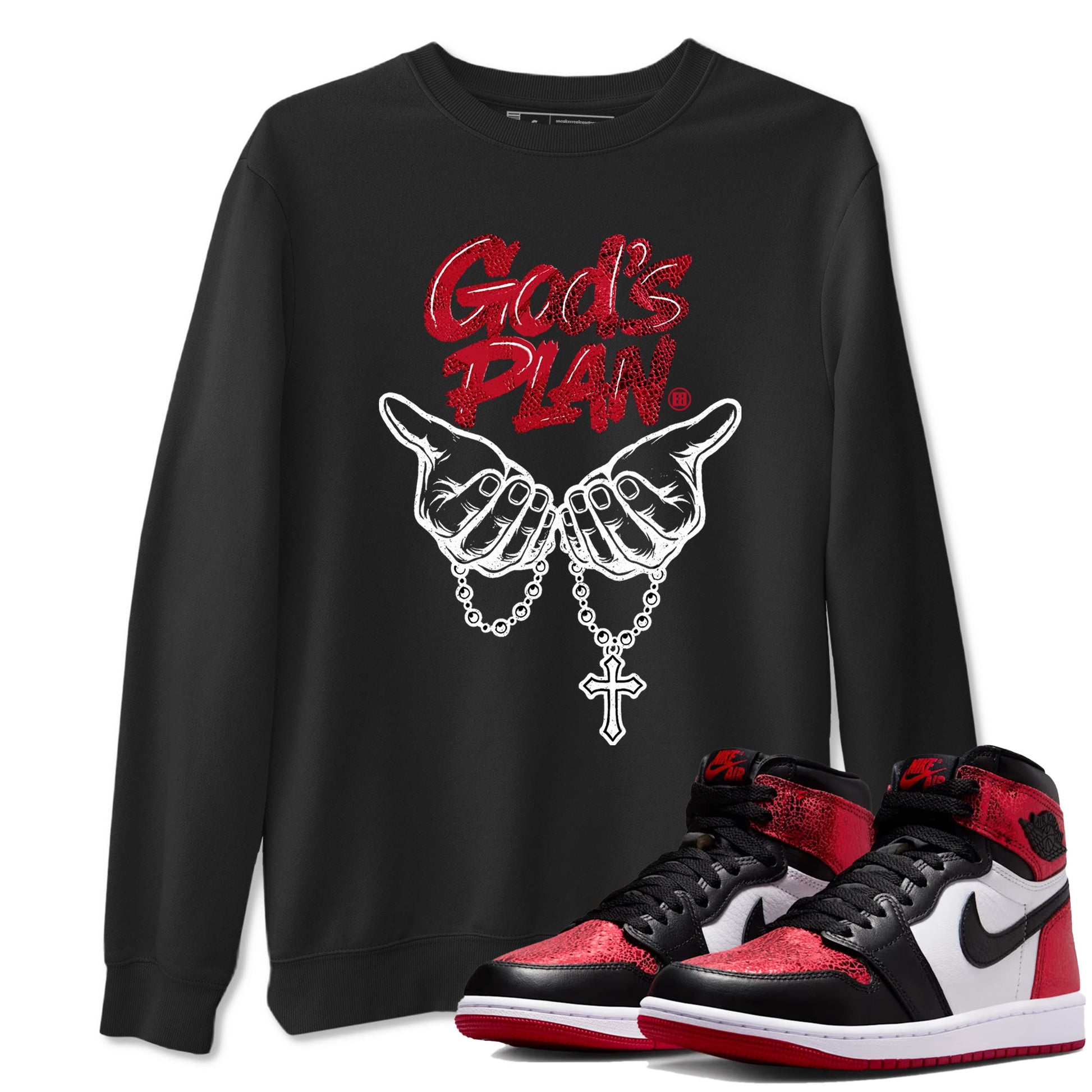 God's Plan sneaker match t-shirt styled to complete your fit with the Air Jordan 1 Ruby sneakers, shown in Black 1.