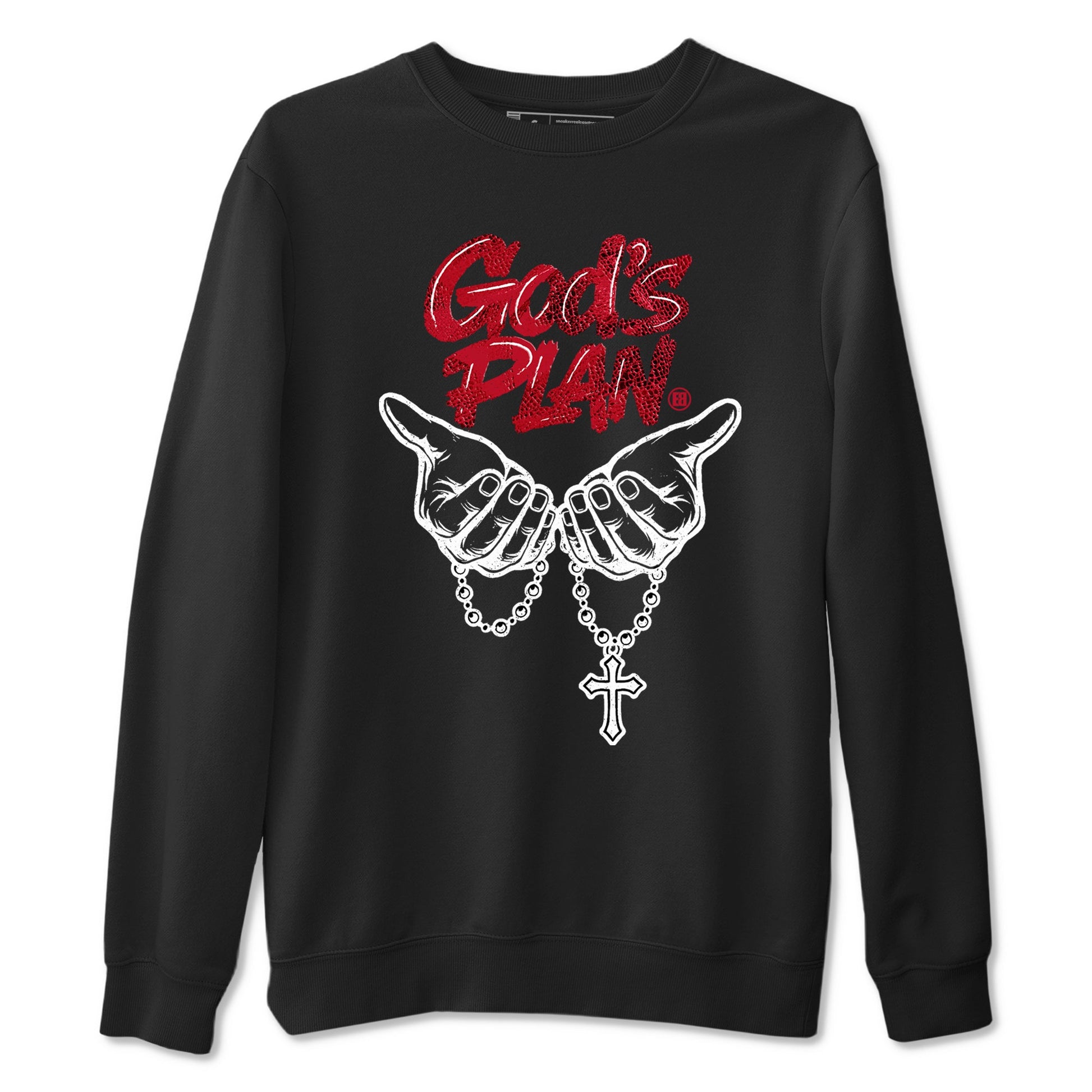 God's Plan sneaker match t-shirt styled to complete your fit with the Air Jordan 1 Ruby sneakers, shown in Black 2.