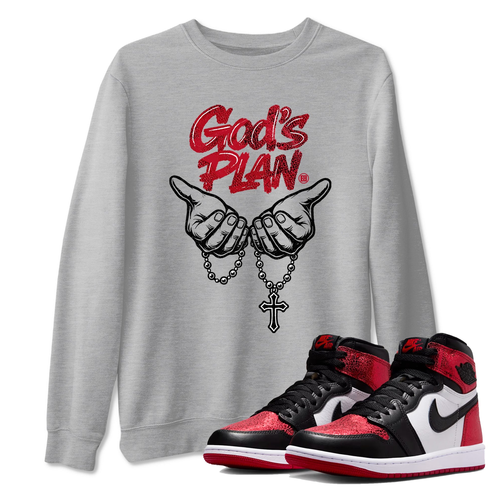 God's Plan sneaker match t-shirt styled to complete your fit with the Air Jordan 1 Ruby sneakers, shown in Heather Grey 1.