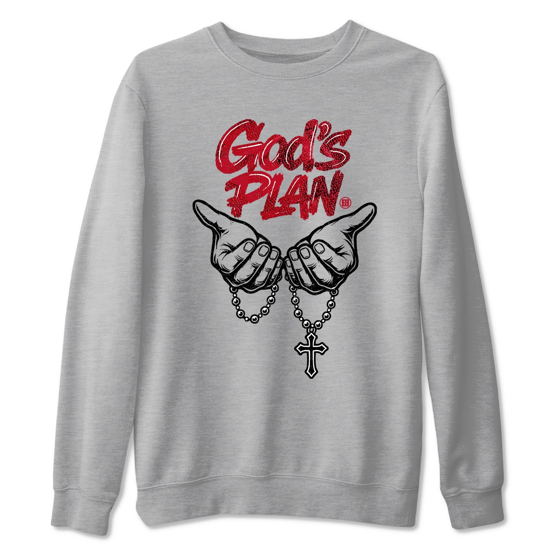 God's Plan sneaker match t-shirt styled to complete your fit with the Air Jordan 1 Ruby sneakers, shown in Heather Grey 2.