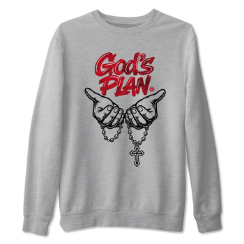 God's Plan sneaker match t-shirt styled to complete your fit with the Air Jordan 1 Ruby sneakers, shown in Heather Grey 2.