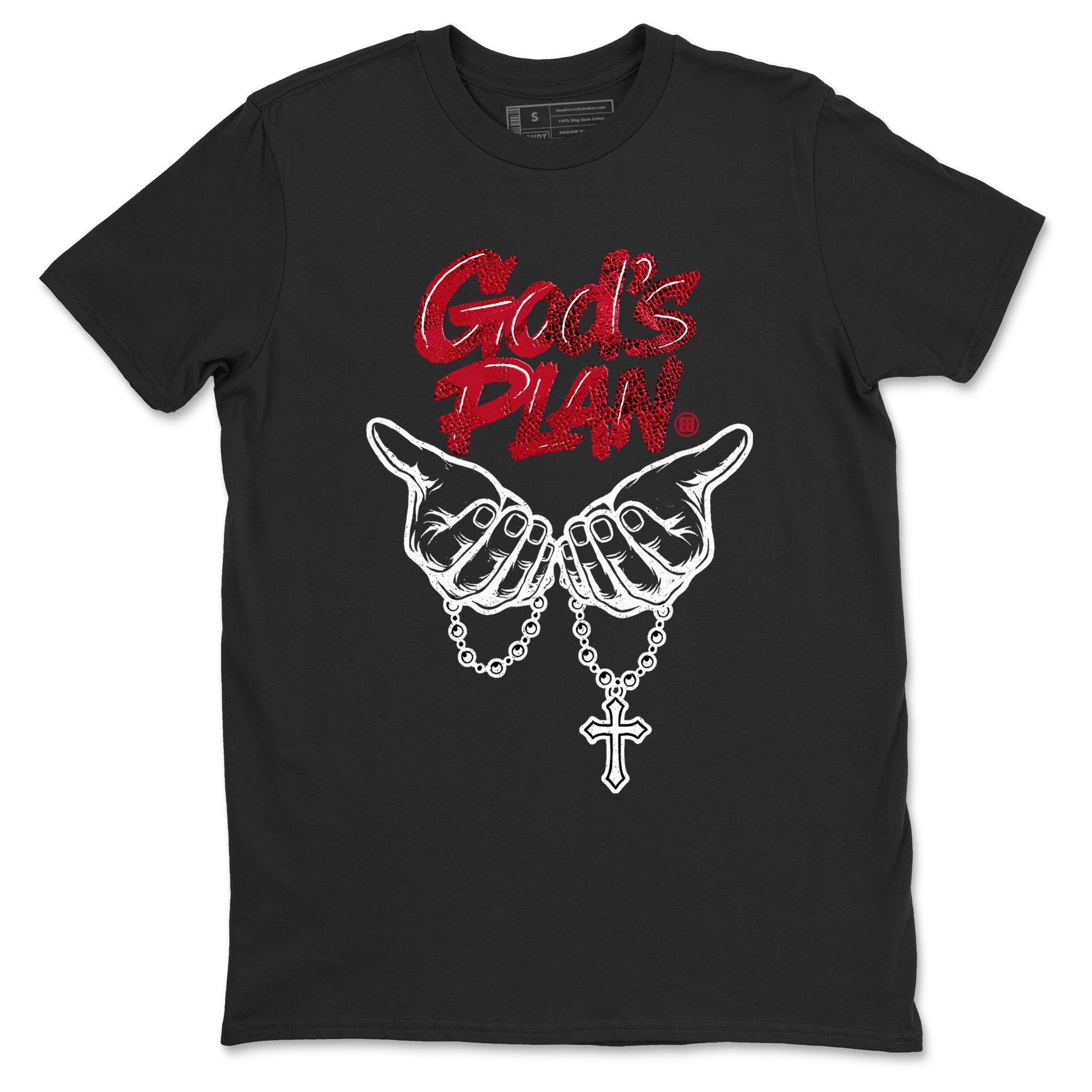 God's Plan sneaker match t-shirt styled to complete your fit with the Air Jordan 1 Ruby sneakers, shown in Black 2.