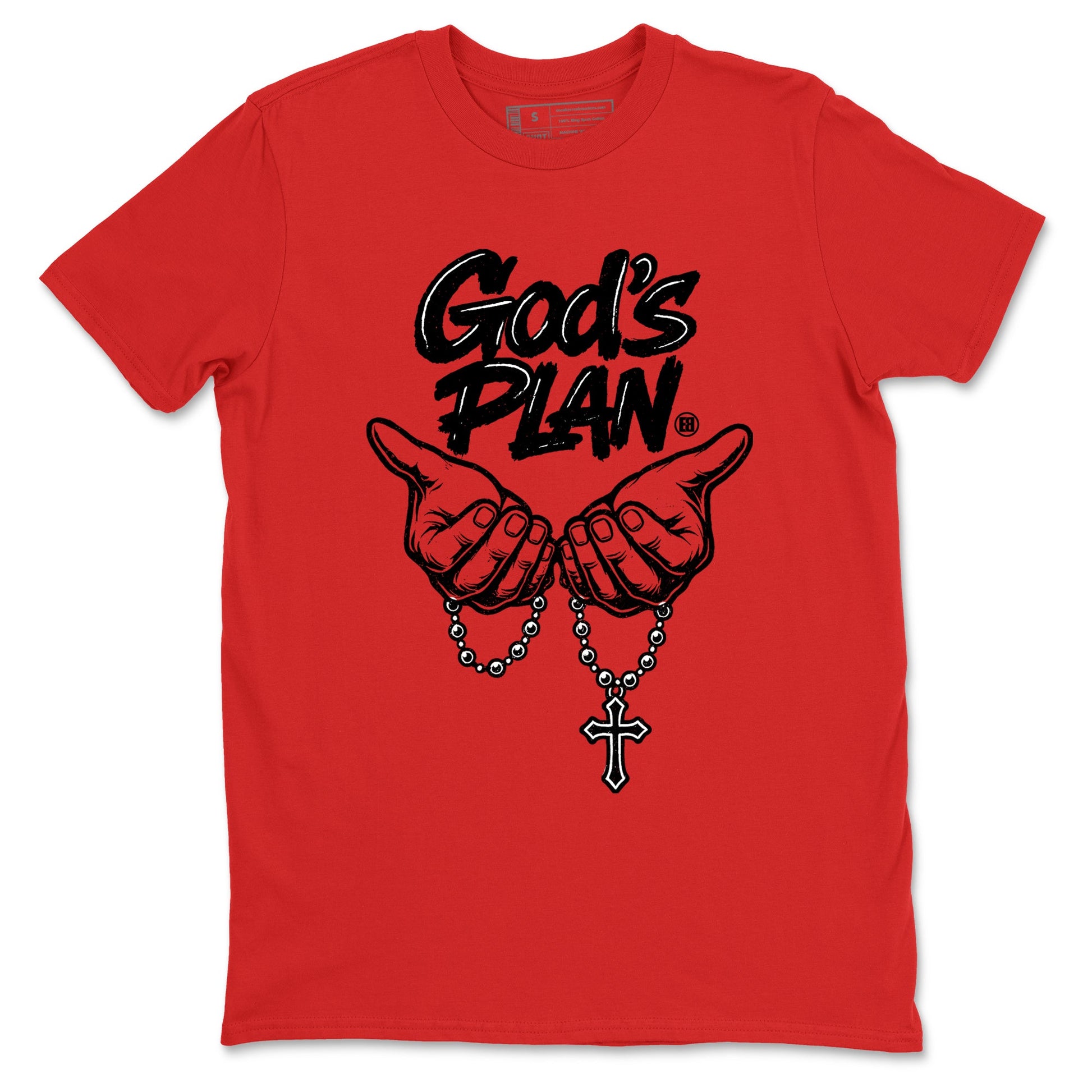 God's Plan sneaker match t-shirt styled to complete your fit with the Air Jordan 1 Ruby sneakers, shown in Red 2.