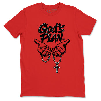 God's Plan sneaker match t-shirt styled to complete your fit with the Air Jordan 1 Ruby sneakers, shown in Red 2.