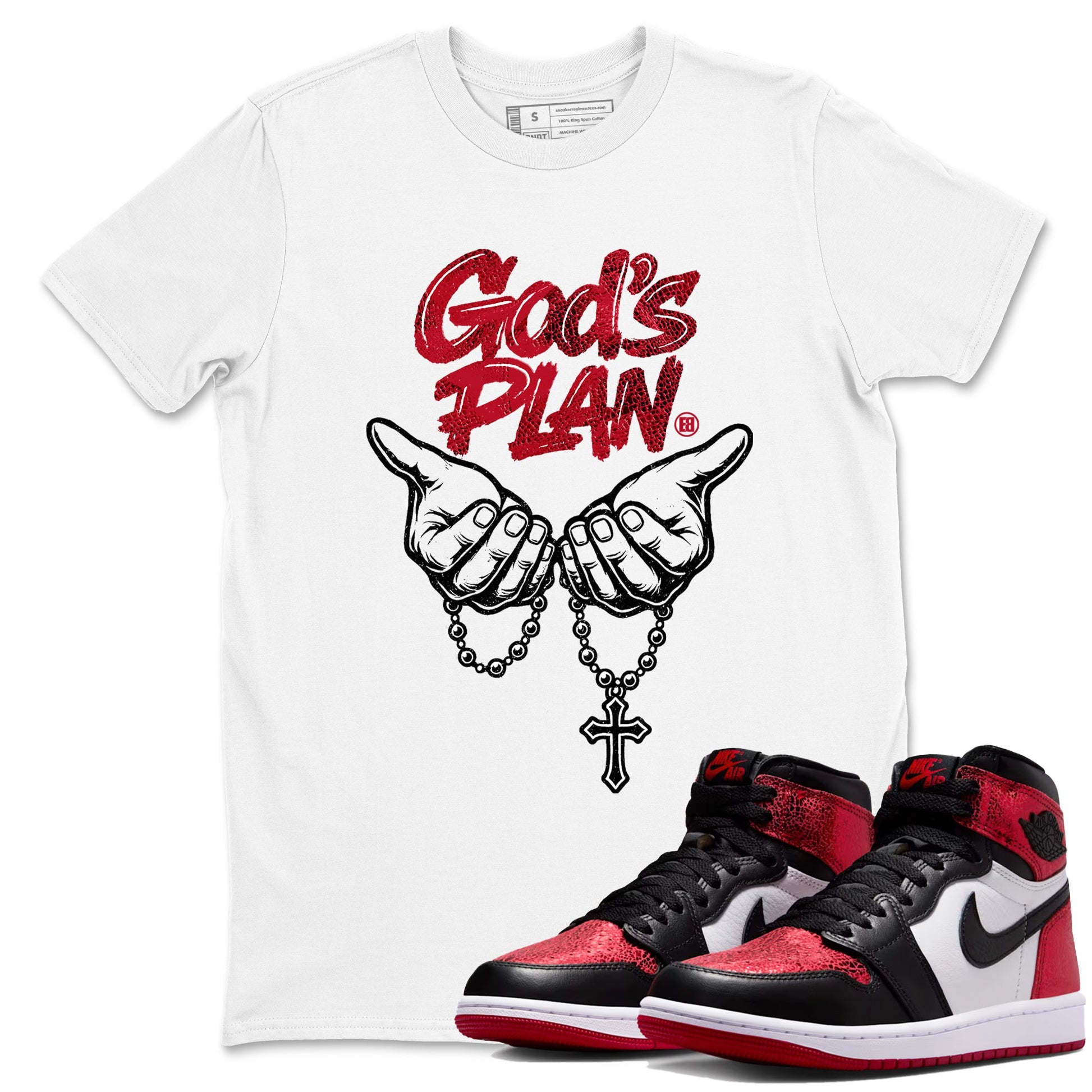 God's Plan sneaker match t-shirt styled to complete your fit with the Air Jordan 1 Ruby sneakers, shown in White 1.