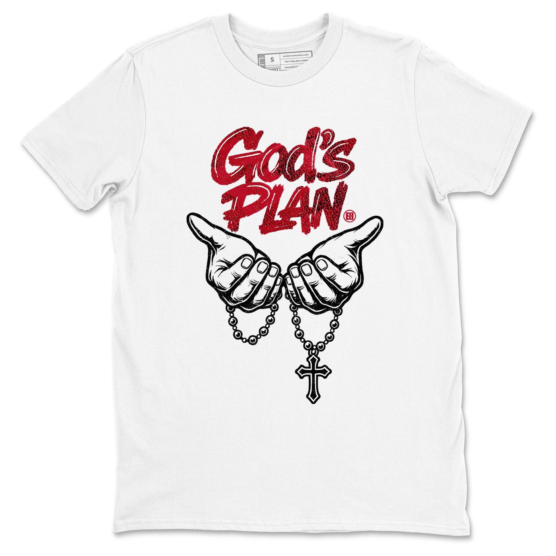 God's Plan sneaker match t-shirt styled to complete your fit with the Air Jordan 1 Ruby sneakers, shown in White 2.