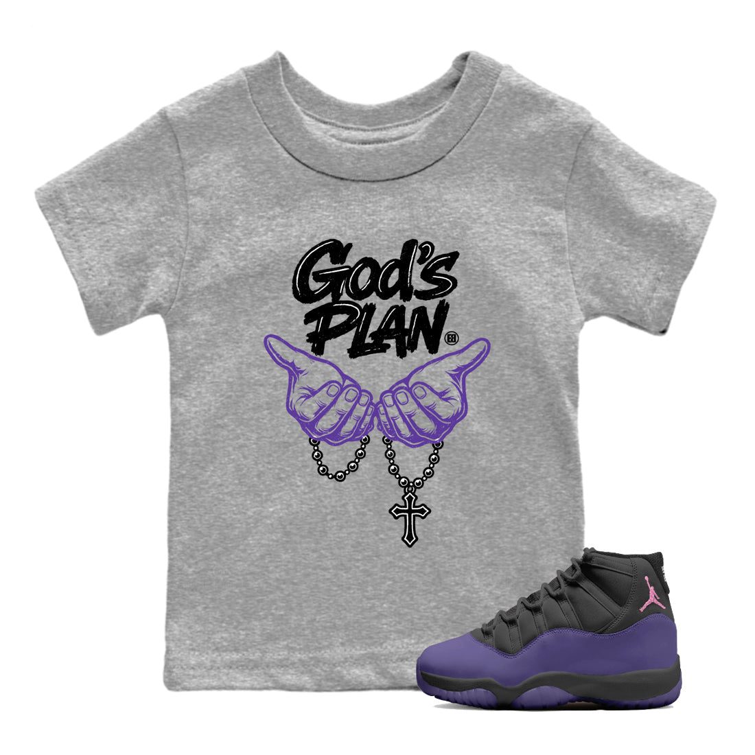 Sneaker match tees – Sneaker Tees To Match Air Jordan 11 Canyon Purple Shoes – God's plan Kids T-Shirt Heather Grey 1
