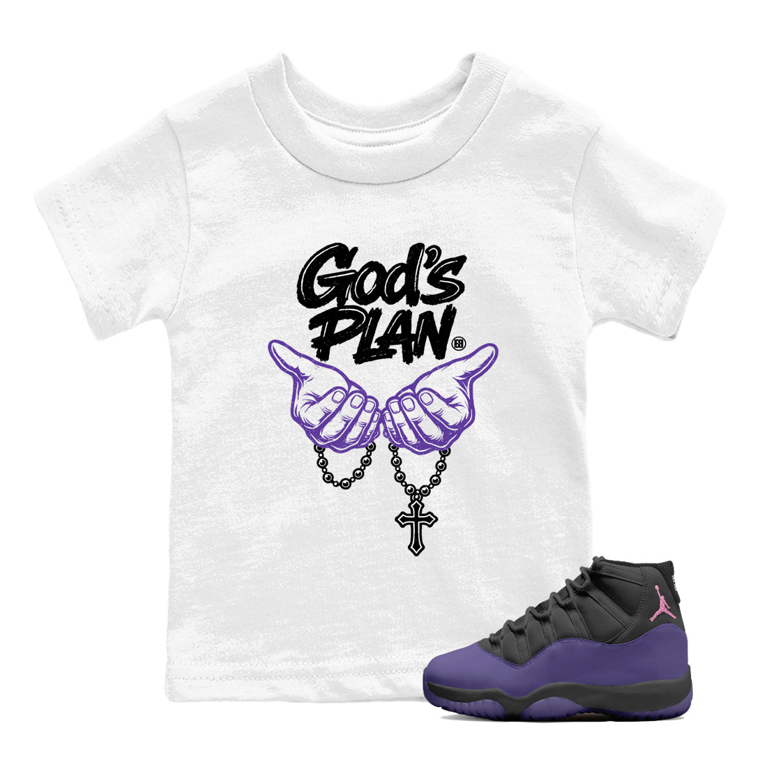 Sneaker match tees – Sneaker Tees To Match Air Jordan 11 Canyon Purple Shoes – God's plan Kids T-Shirt White 1