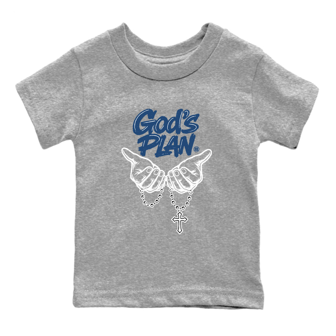 God's Plan baby and kids t-shirt crafted for little sneakerheads to with the Air Jordan 12 French Blue sneakers, displayed in Heather Grey 2.