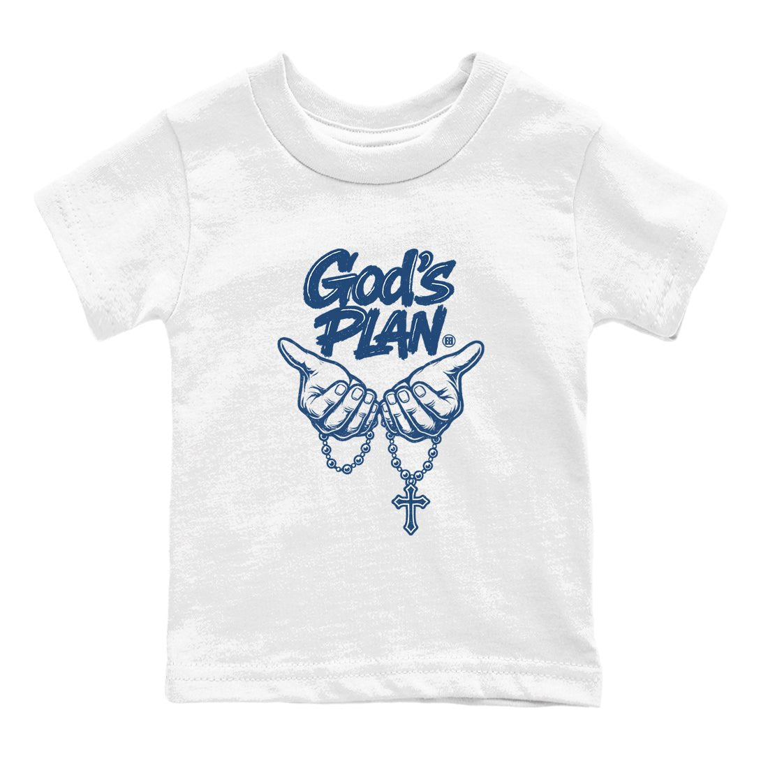 God's Plan baby and kids t-shirt crafted for little sneakerheads to with the Air Jordan 12 French Blue sneakers, displayed in White 2.