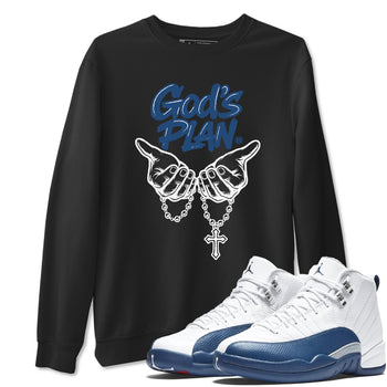 God's Plan sneaker match tees styled to complete your fit with the Air Jordan 12 French Blue sneakers, shown in Black 1.