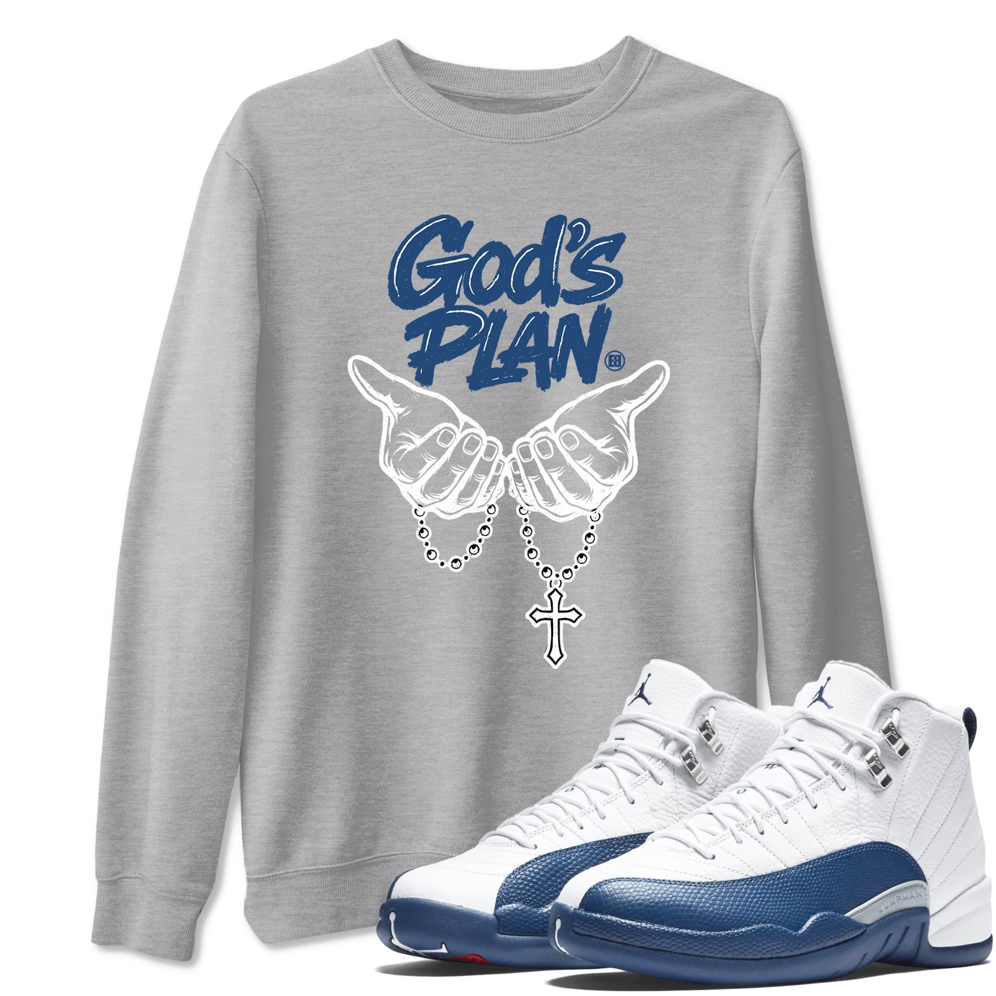 God's Plan sneaker match tees styled to complete your fit with the Air Jordan 12 French Blue sneakers, shown in Heather Grey 1.