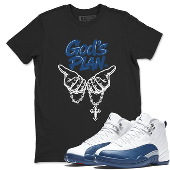 God's Plan sneaker match tees styled to complete your fit with the Air Jordan 12 French Blue sneakers, shown in Black 1.