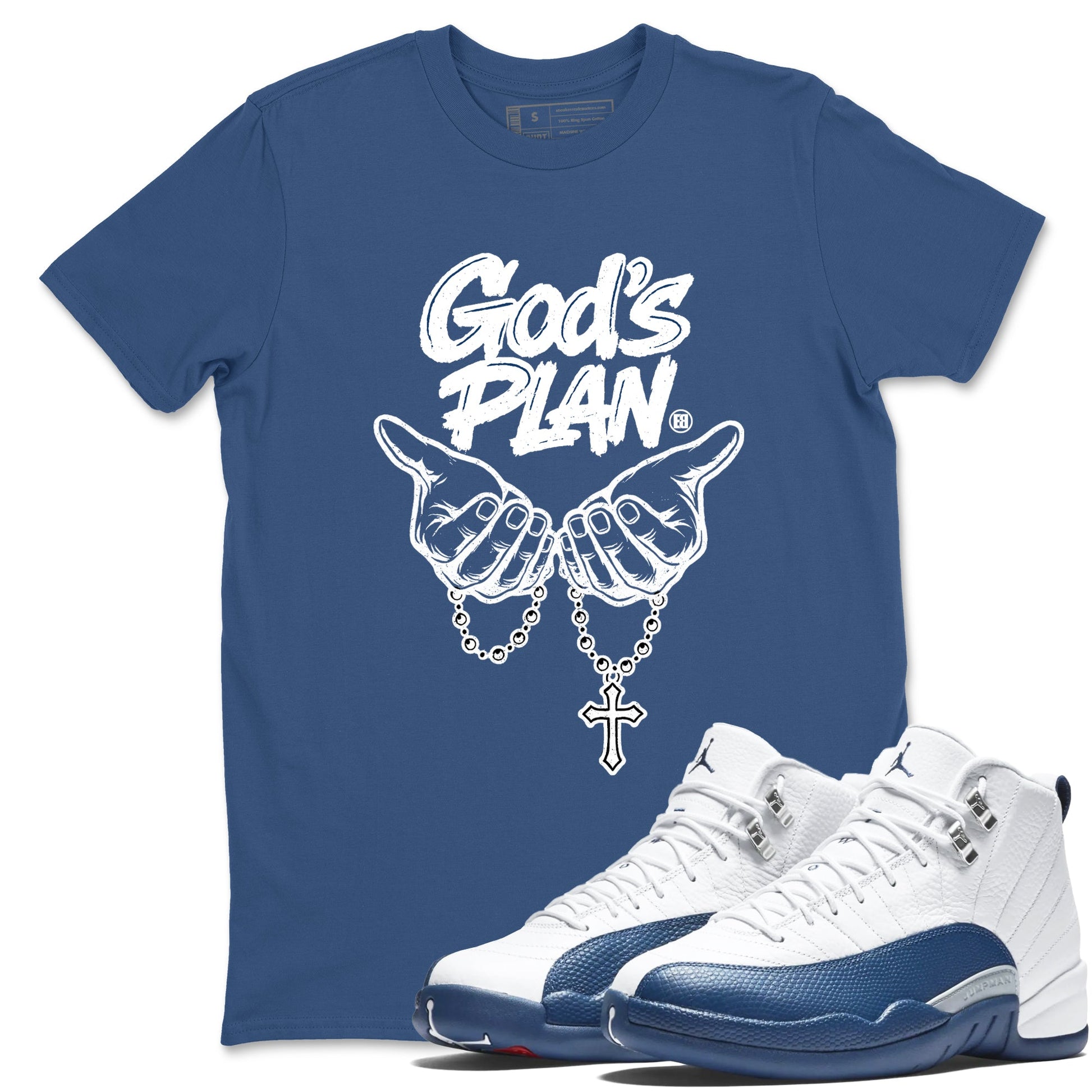 God's Plan sneaker match tees styled to complete your fit with the Air Jordan 12 French Blue sneakers, shown in Denim Blue 1.