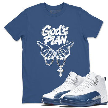 God's Plan sneaker match tees styled to complete your fit with the Air Jordan 12 French Blue sneakers, shown in Denim Blue 1.